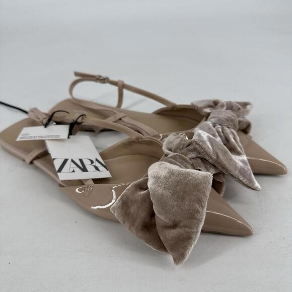 Zara shoes 7 beige velvet bow patent leather pointed toe slingback flats party - Picture 1 of 5